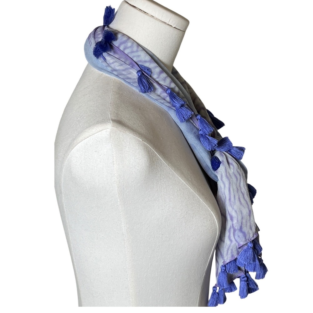 Boho Shibori Tie Dye Tassel Scarf Blue Lavender Lightweight‎ Wrap OS - Picture 7 of 9